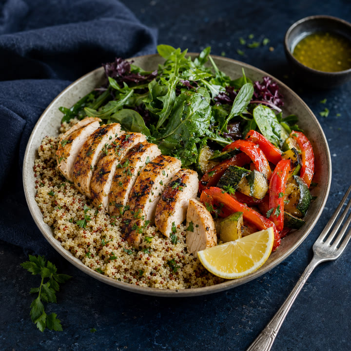 Chicken quinoa bowl with colourful vegetables